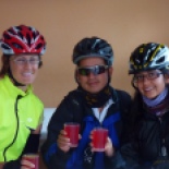 Of all coincidences, there were two other bikers staying at this hotel too! Karlos and Monica are from Quito, and were heading to Puyo as well. We biked together to Baños, where I stopped and they continued on. In this pic, we´re drinking chicha de uva, something inbetween grape juice and wine...
