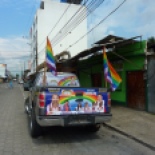 Rainbow truck!!! Had to include this one... and rainbows here do not mean the same thing as rainbows where we live, my friends. There is a local election coming up, and each candidate has a flag. Supporters fly their candidates flag from their cars and houses... the rainbow flag is for a Kichwa candidate, since a checkered rainbow array is also a symbol of Andean culture here.