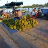 Pile of durians at sunset.