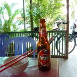 One popular brand of Cambodian beer is called Angkor. Another is called Anchor (pronounced with a "ch"). Beer here costs less than a dollar.