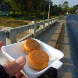 Early morning road food on the way to Ayutthaya... coconut cream filled sandwiches...ohhh boy